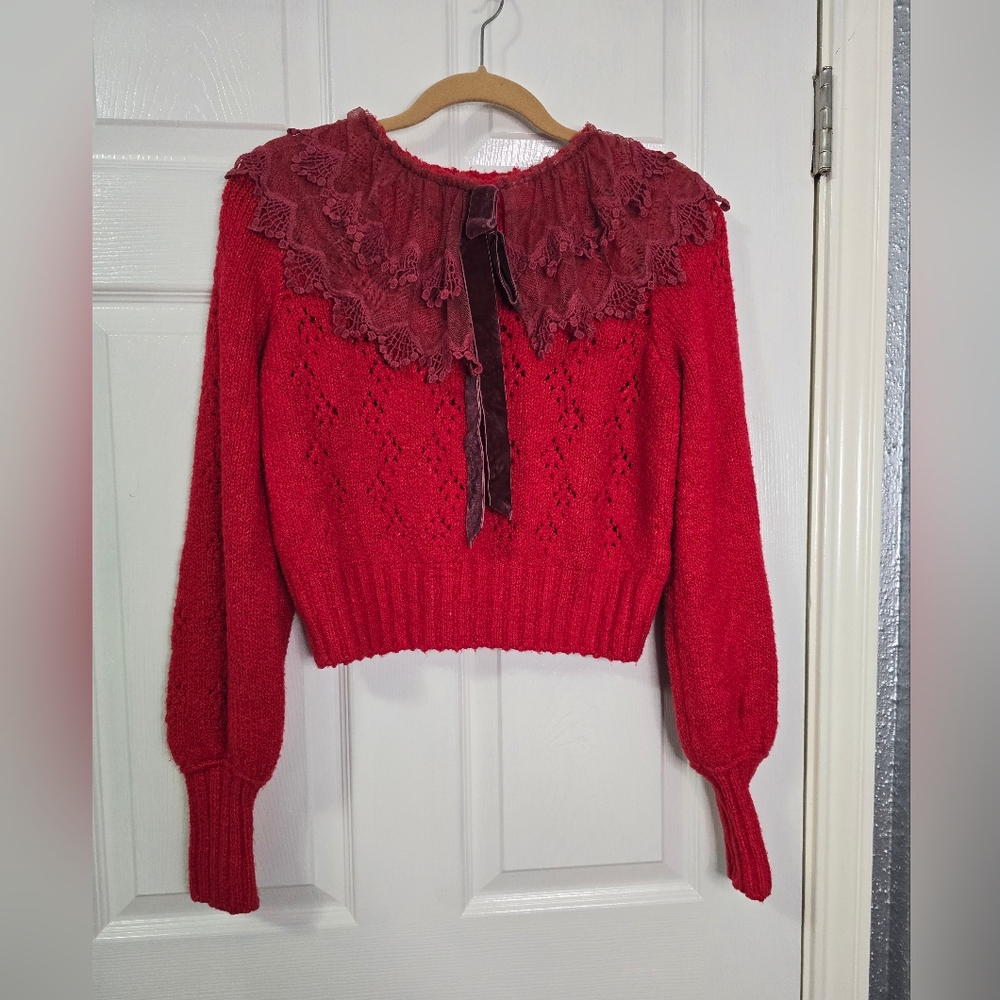 Elegant Red Lace Collar Sweater